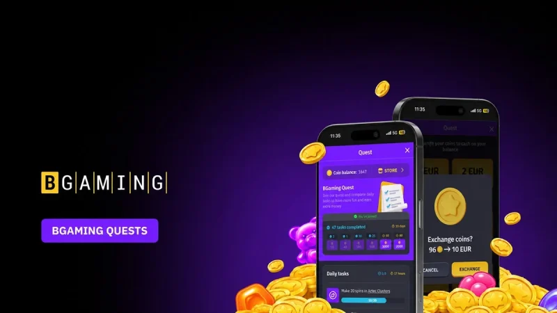 Glowing digital quest interface on a dark casino gaming screen with neon progress bars
