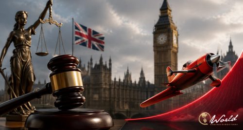 Cinematic courtroom gavel resting beside a glowing digital screen showing abstract aviation and financial graph imagery