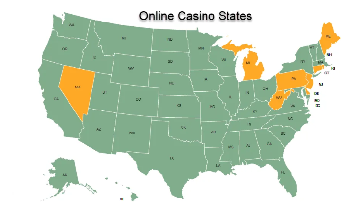 Illuminated map of the United States overlaid with digital casino interface elements in a dark neon environment