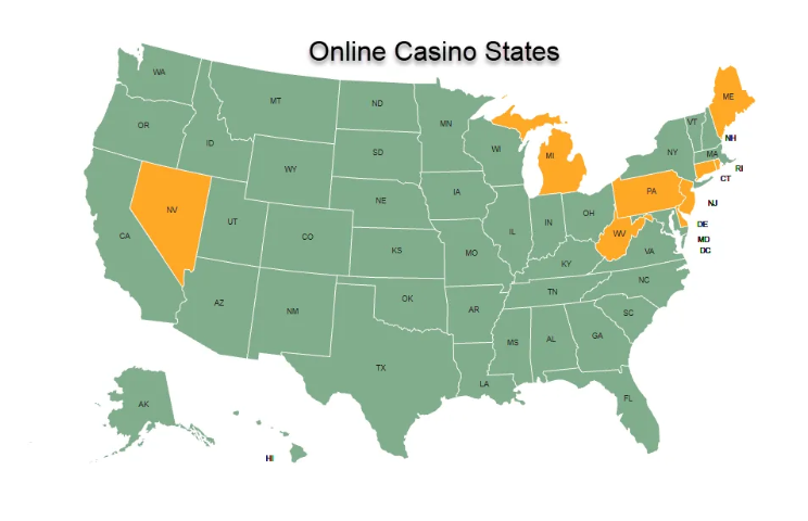 Illuminated map of the United States overlaid with digital casino interface elements in a dark neon environment