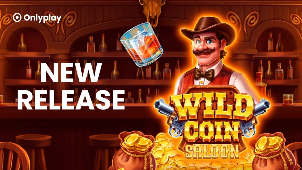 Cinematic Wild West saloon interior with golden coins glowing on a slot machine reel at dusk