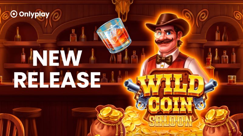 Cinematic Wild West saloon interior with golden coins glowing on a slot machine reel at dusk