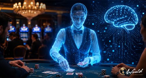 Futuristic AI holographic dealer interface glowing over a dark digital casino table with chips