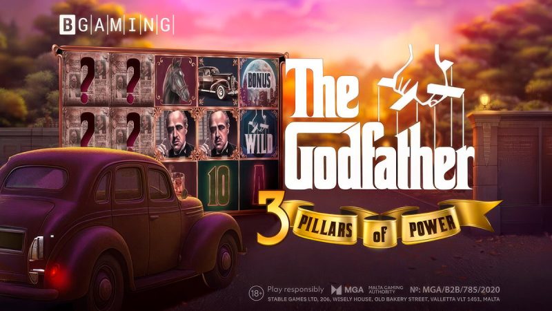 Dark cinematic casino slot machine glowing with golden light against a moody shadowed background