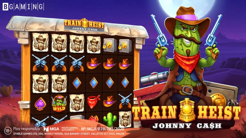 Dark cinematic slot machine display glowing in a shadowy old west train car interior at night