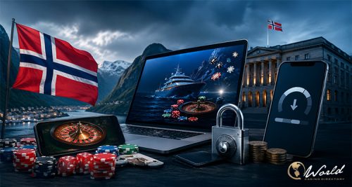 Glowing digital casino interface at night with Norwegian-themed dark atmospheric lighting and cryptocurrency symbols