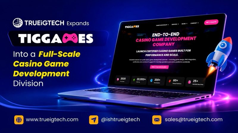 Dark cinematic iGaming studio workspace with glowing screens displaying casino game development interfaces and code