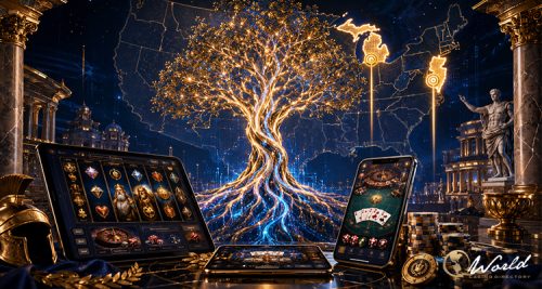 Glowing digital casino interface with slot reels and neon light reflections on a dark gaming table surface