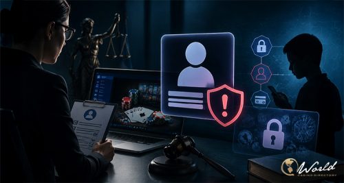 Digital compliance warning screen glowing red in a dark online casino control room environment