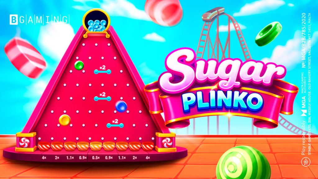 Colourful candy-themed pachinko ball drop game board glowing with pastel multiplier pockets in a dark casino environment