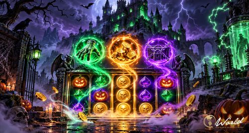 Dark gothic castle at night with glowing pumpkins and eerie laboratory lights inside stone towers