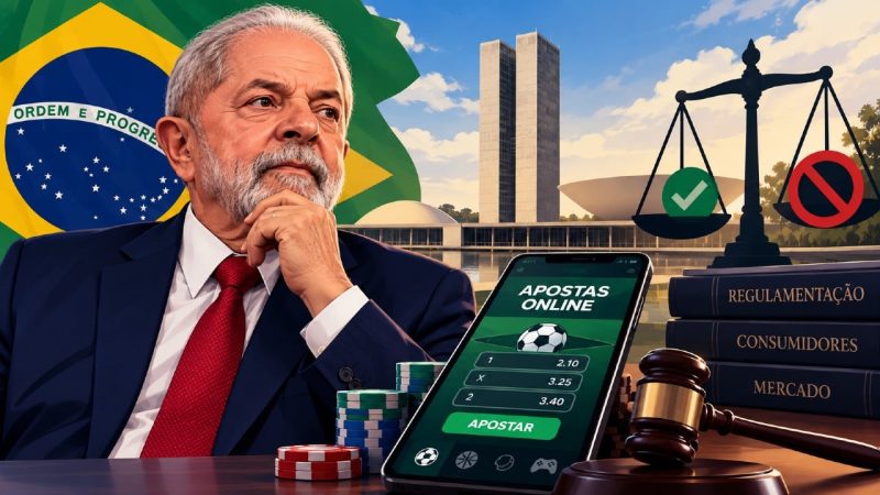 Dark cinematic image of a Brazilian city skyline at night with glowing digital screens showing sports odds and regulatory documents