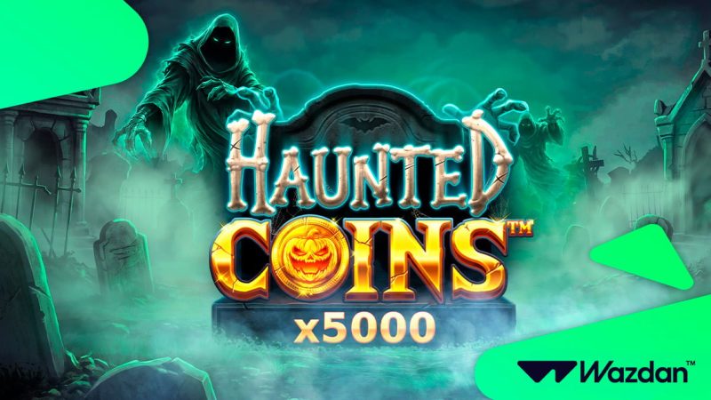 Glowing golden coins spilling across a dark haunted slot machine grid with eerie candlelight ambiance